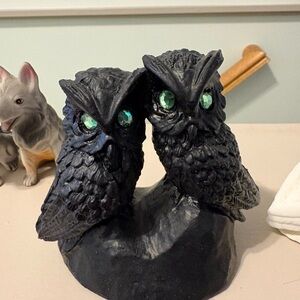 Black Owl Figurine made with coal with Green Eyes